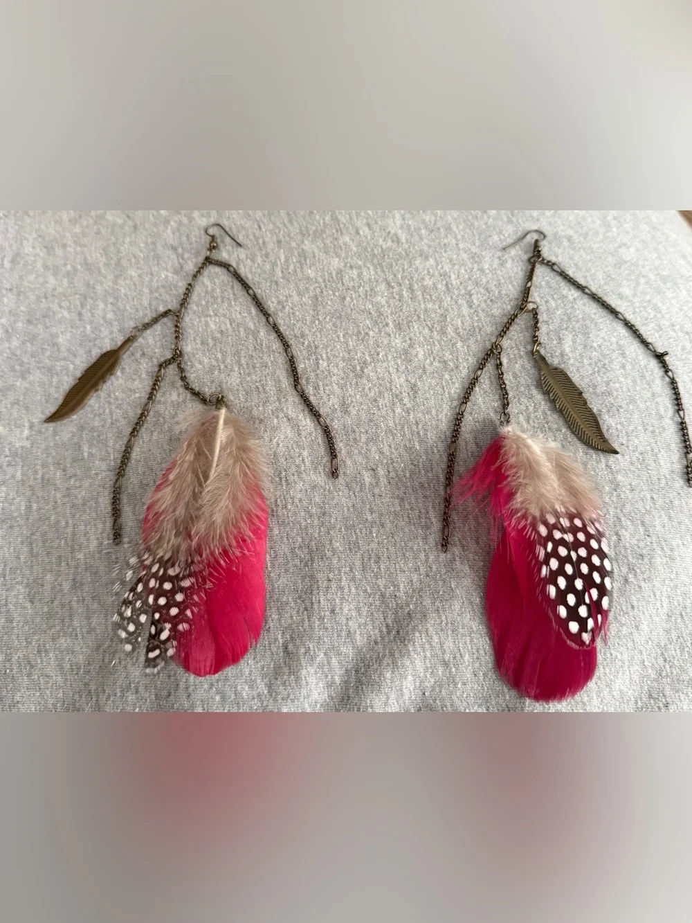 Boho Pink Feather Drop Earrings with Brass Leaf